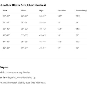 May include: A size chart for women's leather blazers, displaying measurements in inches. The chart includes bust, waist, hips, shoulder, sleeve length, and blazer length for sizes S to XXXL. Tips for buyers are also included.