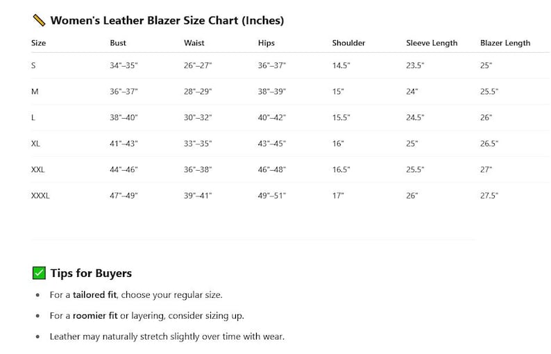 May include: A size chart for women's leather blazers, displaying measurements in inches. The chart includes bust, waist, hips, shoulder, sleeve length, and blazer length for sizes S to XXXL. Tips for buyers are also included.