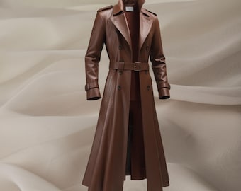 Handmade Brown Leather Trench Coat - Steampunk Duster, Gothic Style