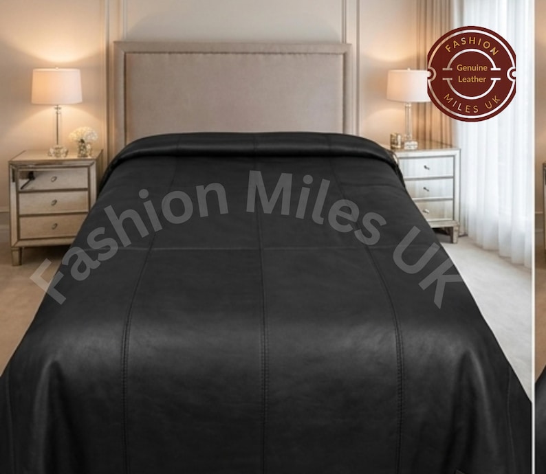 May include: A black leather bedspread featuring a grid-like stitched pattern. A circular logo in the top right corner displays the text Fashion Miles UK Genuine Leather. The bedspread covers the entire surface of the bed in a bedroom setting.