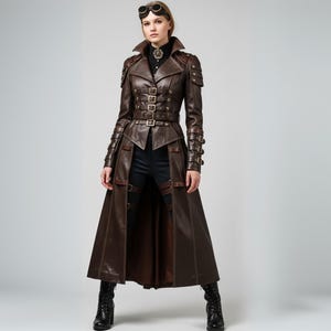 Könnte beinhalten: Ein brauner Leder-Steampunk-Mantel mit mehreren Schnallen, Schulterakzenten und einem langen Rock. Der Mantel hat einen hohen Kragen und wird mit einer schwarzen Hose und Stiefeln kombiniert. Eine Brille liegt auf dem Kopf.
