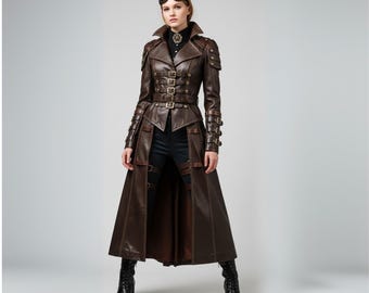 Handmade Brown Cow Leather Trench Coat for Women - Gothic Steampunk Vampire Long Jacket - Christmas Gift for Her - Dark Victorian Costume