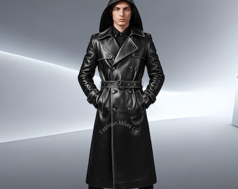 Men Black Leather Winter Trench Coat Gothic Coats Handmade Long Trench Coat - High-Collar Steampunk Long Leather Coat - perfect gift for him