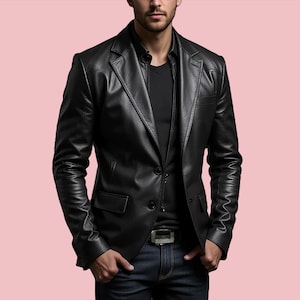 Real leather men&#39;s black Blazer coat-Handmade leather Blazer-Leather Blazer for business /casual wear-gift -Tailored Fit, Elegant Outerwear