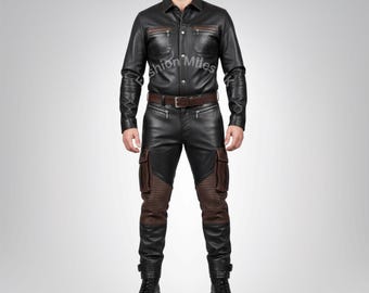 Camisa y pantalones de cuero negro y marrón para hombre - Traje ajustado de cuero auténtico - Moda hecha a medida - Regalo para él