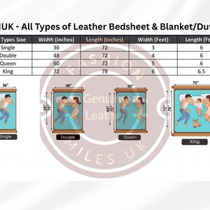 May include: A size chart for leather bedsheets and blankets titled FMUK - All Types of Leather Bedsheet & Blanket/Duvet. The chart lists dimensions in inches and feet for single, double, queen, and king beds, accompanied by illustrations of each.
