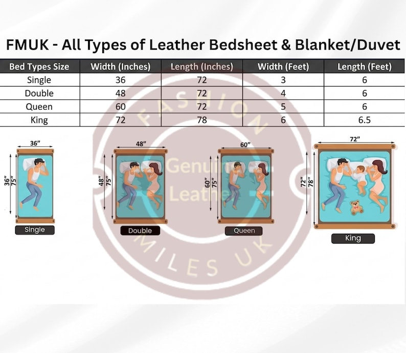 May include: A size chart for leather bedsheets and blankets titled FMUK - All Types of Leather Bedsheet & Blanket/Duvet. The chart lists dimensions in inches and feet for single, double, queen, and king beds, accompanied by illustrations of each.
