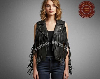 Women's Leather Fringe Vest, Genuine Sleeveless Western Biker Fringe Vest Handmade Vintage  Festival Outfit, Fall Fashion, Bold Street style