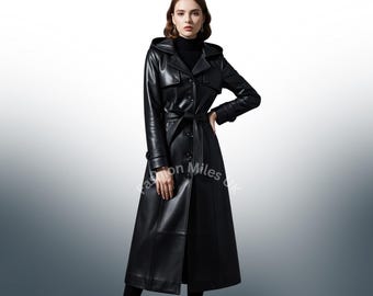 Handmade Cow Leather Hooded Trench Coat – Gothic Steampunk Vampire Costume