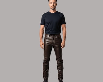 Pantalón de cuero genuino marrón para hombre, pantalones de cuero a medida, elegantes pantalones de cuero para motociclistas, equipo de cuero para hombre duradero y moderno, regalo de cuero