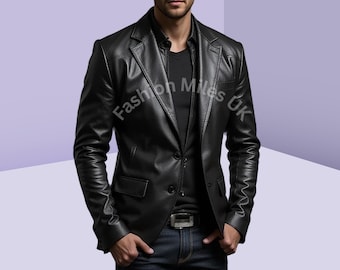 Real leather men's black Blazer coat-Handmade leather Blazer-Leather Blazer for business /casual wear-gift -Tailored Fit, Elegant Outerwear