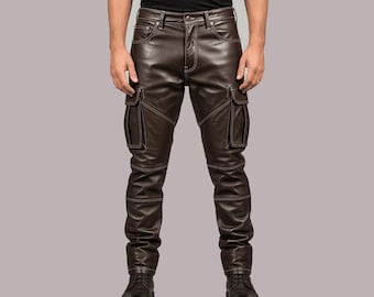 Pantalón cargo de cuero genuino marrón oscuro para hombre, pantalones cargo de cuero personalizados, pantalones de cuero a medida, pantalones de cuero a medida, regalo para él