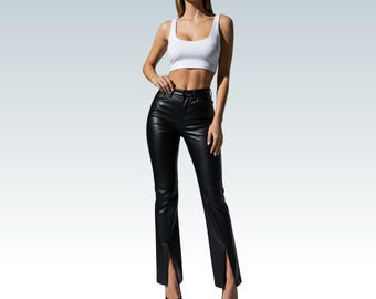 Handmade Women's Real lambskin  Pants ,women front slit leather pant ,vintage women leather Trouser,Black Pants for Party wear, Gift for her