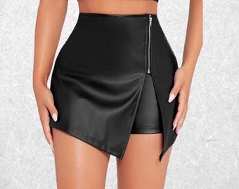 Women Handmade Black Leather Skirt High Waist Mini Skirt Edgy  Chic Outfit Clubwear or Casual Skirt