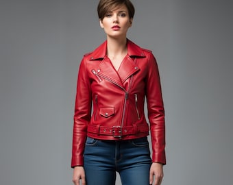 Handcrafted Red Leather Moto Jacket – Vintage Biker Style