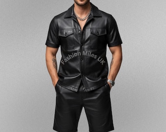 Men’s Black Leather Shirt and Shorts Set– Slim Fit Real Leather Outfit–Handmade Custom Tailored Fashion -Summer Festival Outfit- Co-Ord Set