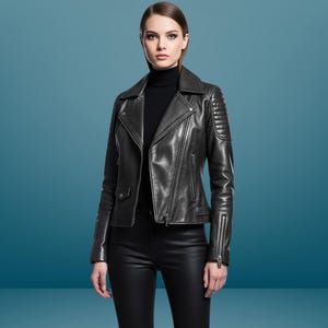 Blouson en cuir fait main pour femme - Noir, design moto d'inspiration vintage, cuir véritable souple, look motard élégant, haut en cuir pour femme