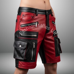 Men’s Cargo Style Genuine Sheep Leather Short , Genuine Sheep Red and Black Short High Quality Handmade Real Leather Streetwear & Biker Look
