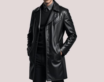 Men's Long Cowhide Leather trench coat men, Overcoat Full Length Genuine Leather coat , Western Style Leather Trench Coat Men