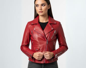Handcrafted Red Leather Moto Jacket – Vintage Biker Style