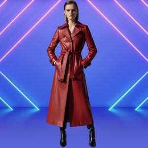 May include: A full-length, red leather trench coat with a belted waist and buttoned front. The coat is paired with black boots. The background is a gradient of blue with neon pink and blue lines.