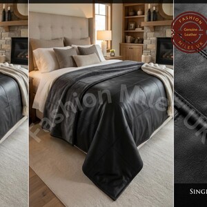 May include: A black leather bedspread featuring a grid-stitched pattern. The bedspread is draped over a bed with white and beige pillows. A circular logo in the top right corner reads Fashion Miles UK Genuine Leather, and the text Single / D is visible.