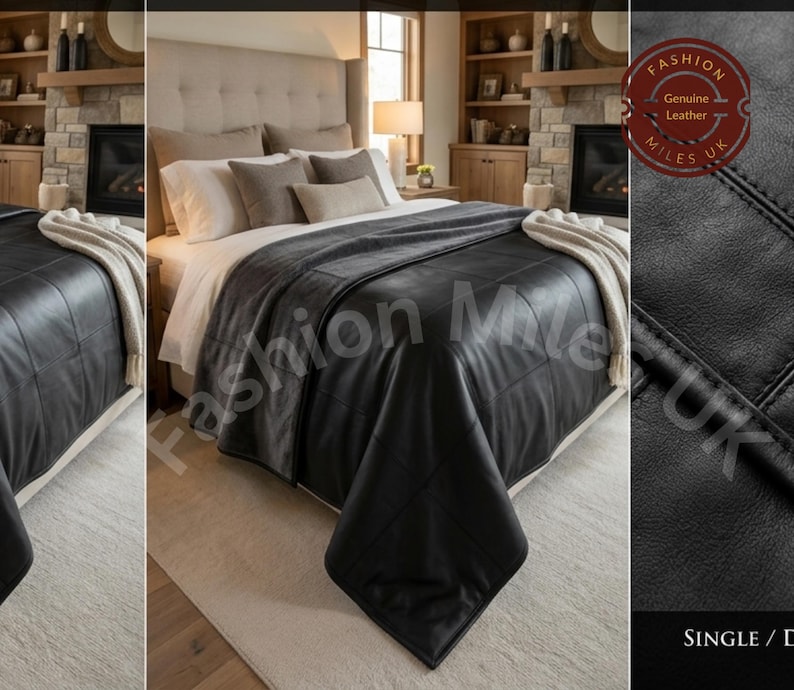 May include: A black leather bedspread featuring a grid-stitched pattern. The bedspread is draped over a bed with white and beige pillows. A circular logo in the top right corner reads Fashion Miles UK Genuine Leather, and the text Single / D is visible.