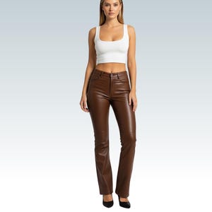 Pantaloni da donna in vera pelle di agnello marrone fatti a mano, pantaloni da donna in pelle slim fit, pantaloni da donna in pelle vintage, pantaloni da festa, regalo per lei