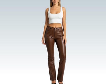Handmade Women's Real lambskin Brown Pants ,women Slim fit leather pant ,vintage women leather Trouser, Pants for Party wear, Gift for her