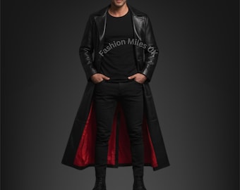 Men Genuine Black Leather Winter Trench Coat Gothic Coats Handmade Long Trench Coat - Steampunk Long Leather Coat - Casual Coat, Formal Coat