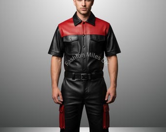 Men’s Black & Red Leather Shirt and Shorts Set , Slim Fit Real Leather Outfit , Handmade Custom Tailored Fashion - Summer Festival Outfit-