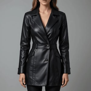 Manteau blazer noir pour femme en cuir véritable-Blazer en cuir fait main-Blazer en cuir pour affaires/vêtements décontractés-cadeau- Coupe sur mesure, vêtements d'extérieur élégants