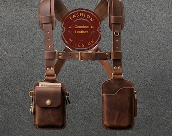 Men's Handmade Brown Leather Shoulder Holster, Genuine Cowhide Chest Harness Bag, Phone Wallet Holster, Adjustable Crossbody Rig Utility Bag