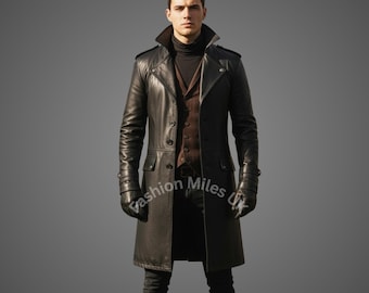 Men's Black Leather Trench Coat - Handmade Gothic Steampunk Duster