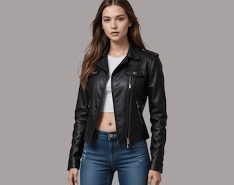 Handcrafted Women's Leather Jacket – Black, Vintage-Inspired Moto Design ,Soft Real Leather, Stylish Moto Biker Look , women leather top