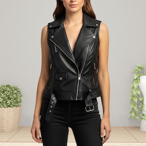 Women&#39;s Black Cow Leather Vest–Genuine Sleeveless Western Biker Vest–Handmade Vintage Style Festival Outfit- Fall Fashion -Bold Street style