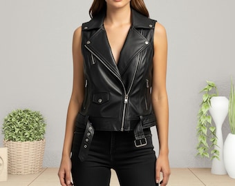 Gilet in pelle di mucca nera fatto a mano - Stile motociclista western da donna