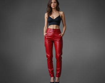 Handmade Women's Real lambskin Red Pants ,women Slim fit leather pant ,vintage women leather Trouser, Red Pants for party wear, Gift for her