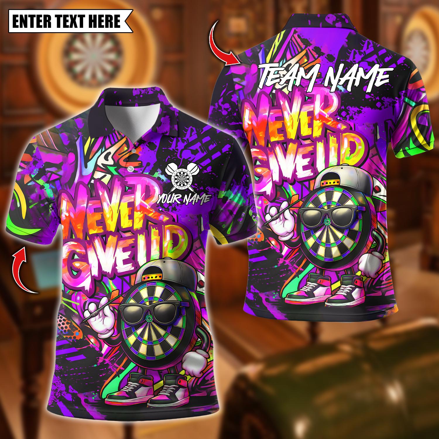 Personalized Name Dart Polo Shirt, Graffiti Darts Funny Never Give