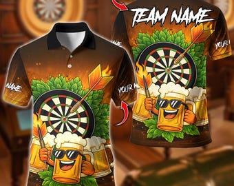 Personalized Name Dart Polo Shirt, Funny Beer And Dartboard Design, Custom Team Shirt for Men, Gift for Darts Players