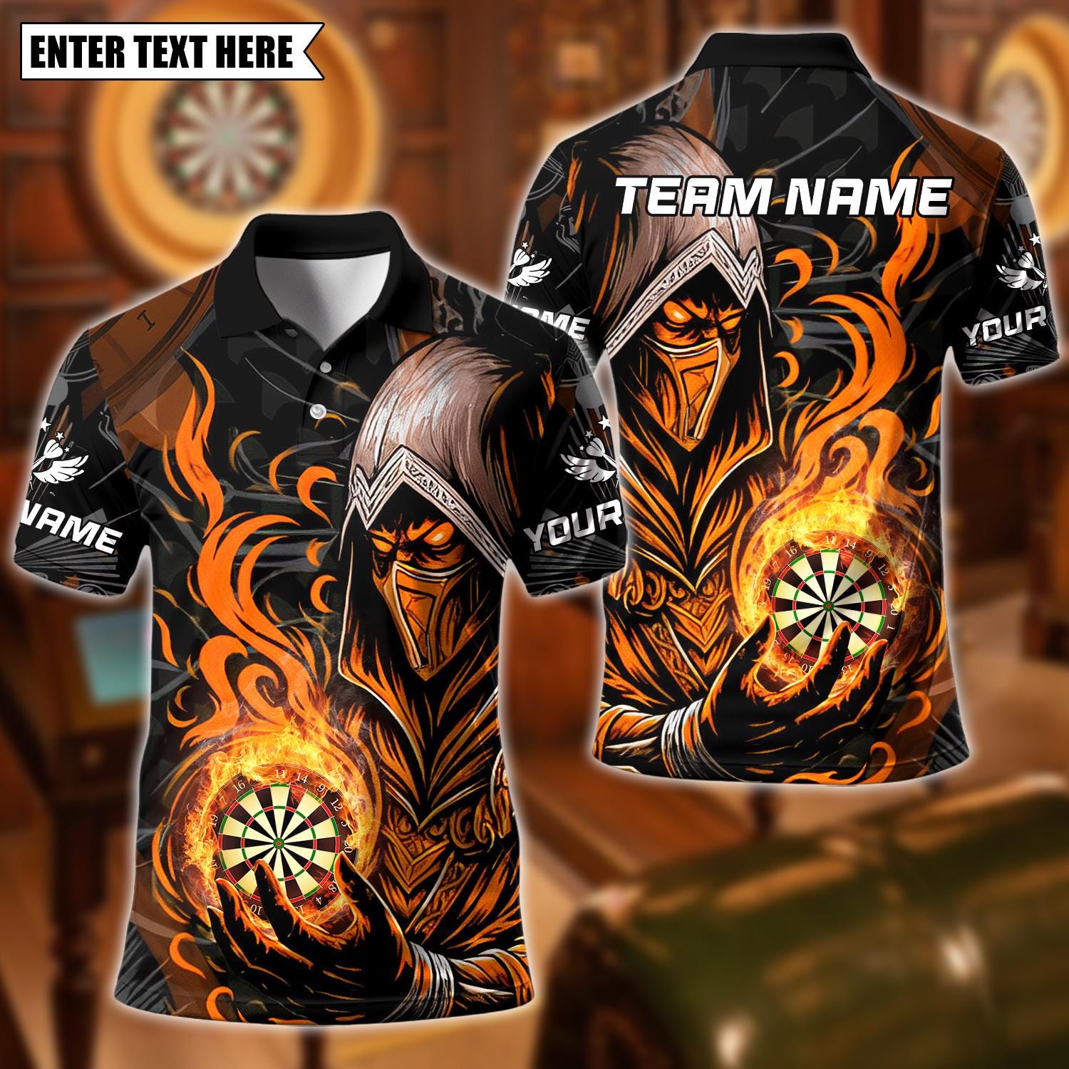 Personalized Name Dart Polo Shirt, Assassin With Flame Dartboard
