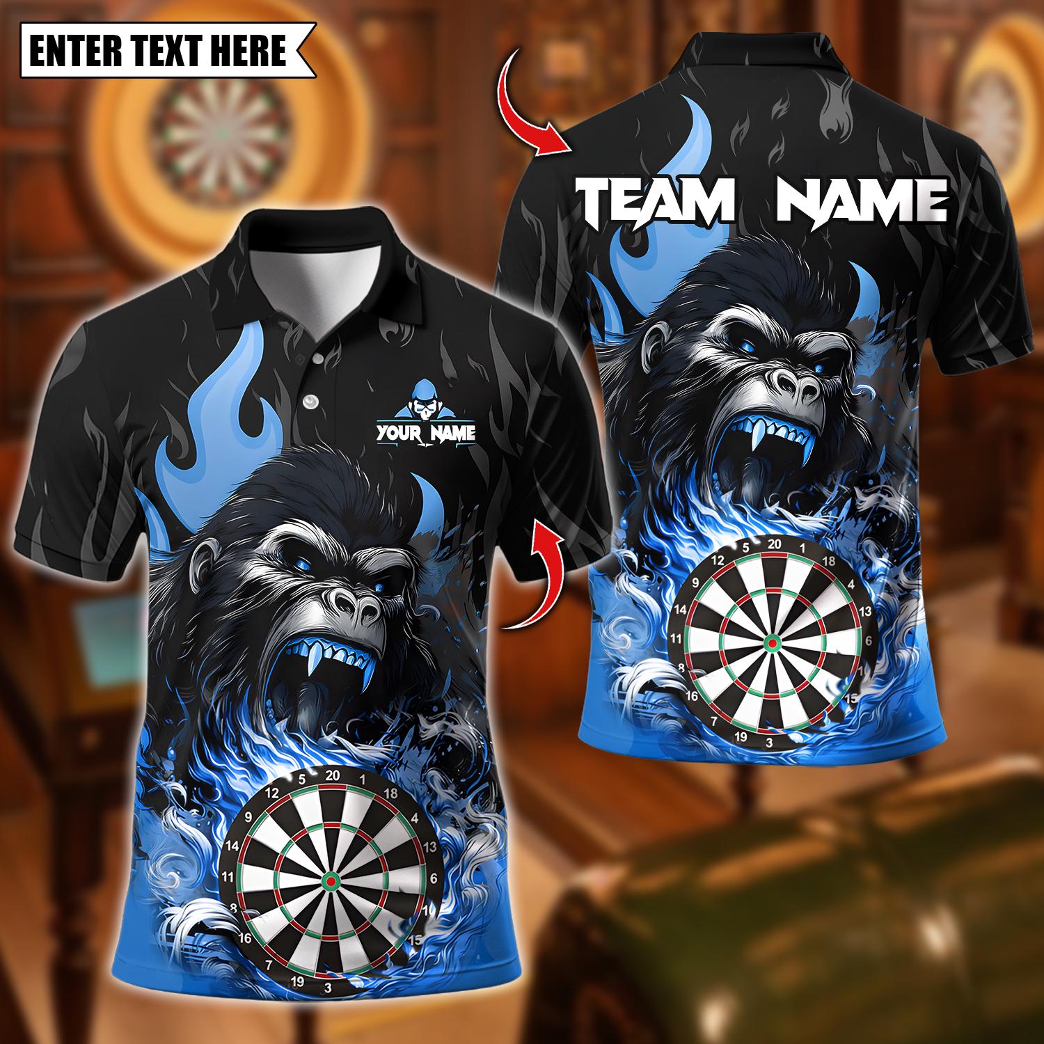 Personalized Name Dart Polo Shirt, Fierce Gorilla With Flaming