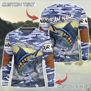 Marlin Fiske Armbågslapp Mönster Personligt Namn Långärmad T-shirt, Anpassat Fiskenamn Lagnamn 3D-T-shirts, Hoodie Fiske