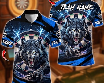 Polo de fléchettes avec nom personnalisé, motif loup avec cible de fléchettes, chemise d'équipe personnalisée pour homme, cadeau pour les joueurs de fléchettes