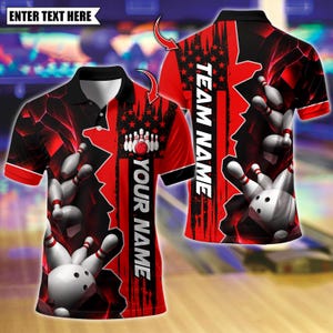 May include: A black and red polo shirt featuring a bowling theme with white bowling pins and a red bowling ball. The design includes a vertical red stripe with stars and the text "YOUR NAME" and "TEAM NAME" with "ENTER TEXT HERE" at the top.