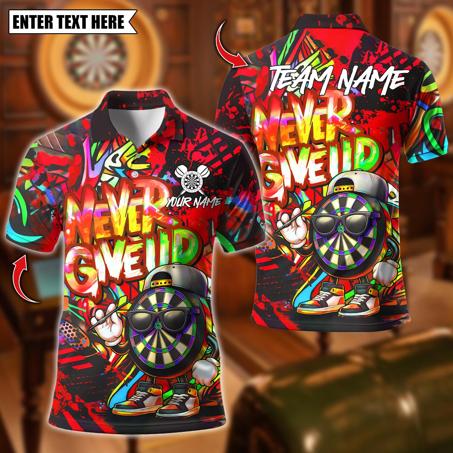 Personalized Name Dart Polo Shirt, Graffiti Darts Funny Never Give