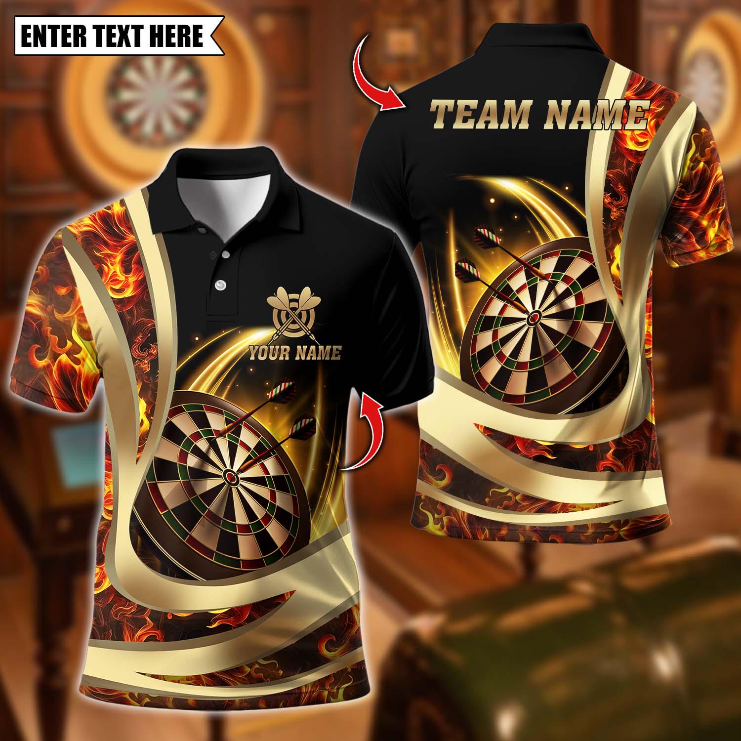 Personalized Name Dart Polo Shirt, Luxury Gold Flame Dartboard Premium Design,Custom Dart League Uniform Shirt, Gift for Darts Players