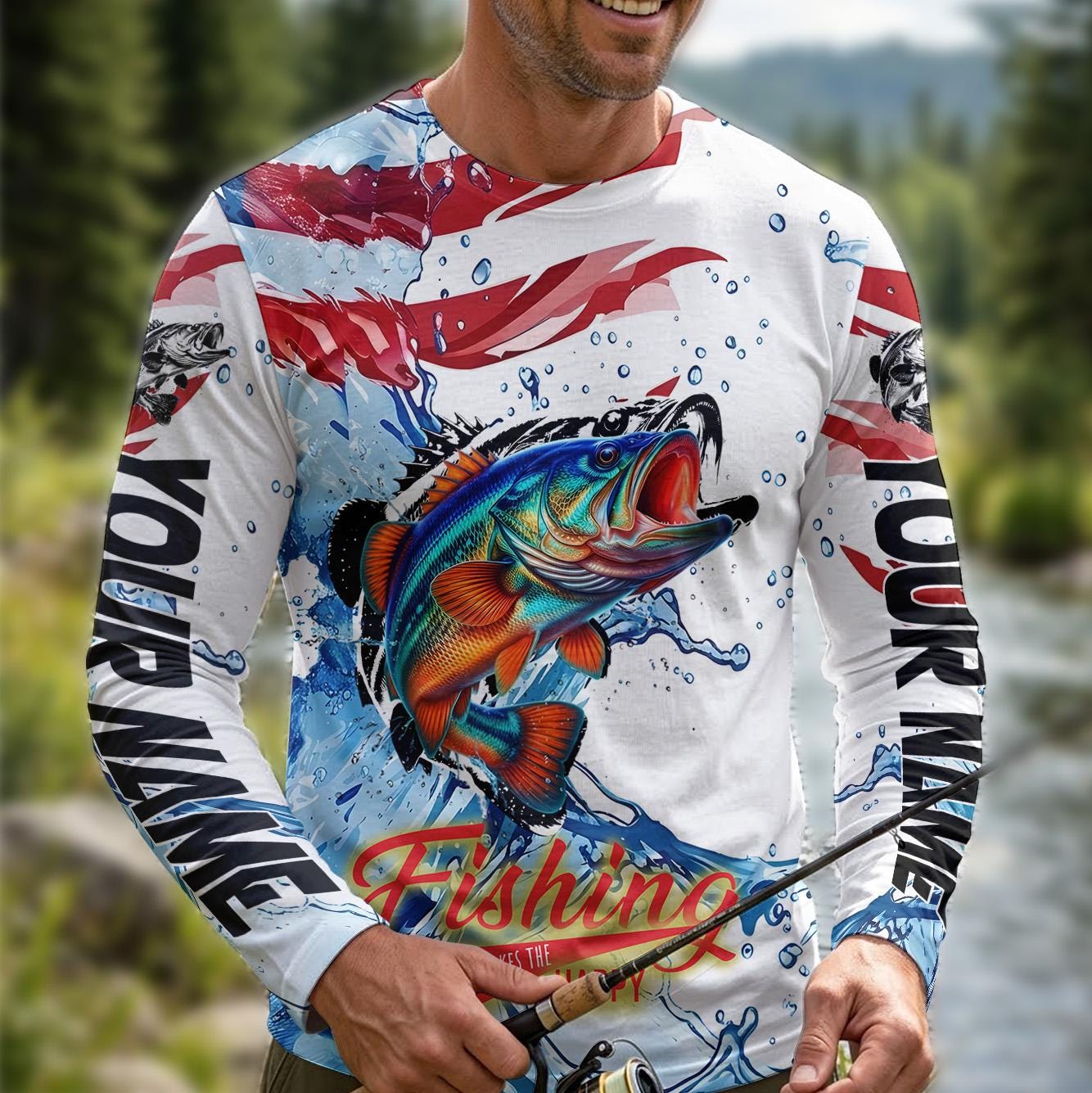 Bass Fishing USA Flag Shirt, Watercolor Fishing Jersey, Custom