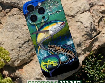 Funda para teléfono 3D personalizada con nombre para iPhone 17 16 15 14 13 12 11ProMax, SamsungGalaxy S25 S24 S23 S22Ultra con diseño de pesca de marlín y mahi-mahi en el gran océano.