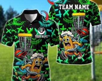 Polo de disc golf personalizado con nombre, divertido diseño de mascota de disc golf con cerveza, camiseta de equipo personalizada para hombres, regalo para jugadores de disc golf.